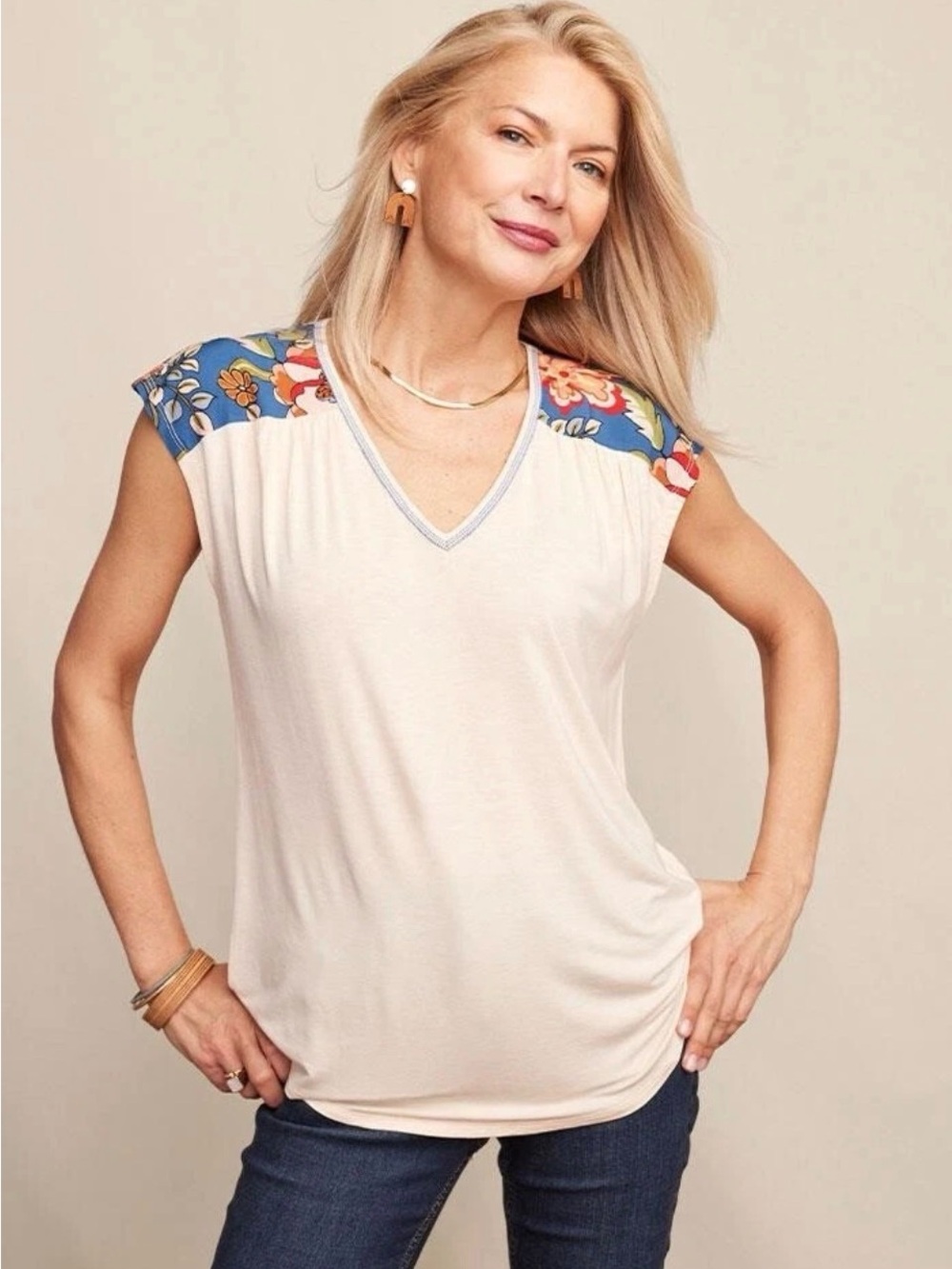 Matilda Jane Cream V-Neck Tank with Blue Floral Shoulder Panels
